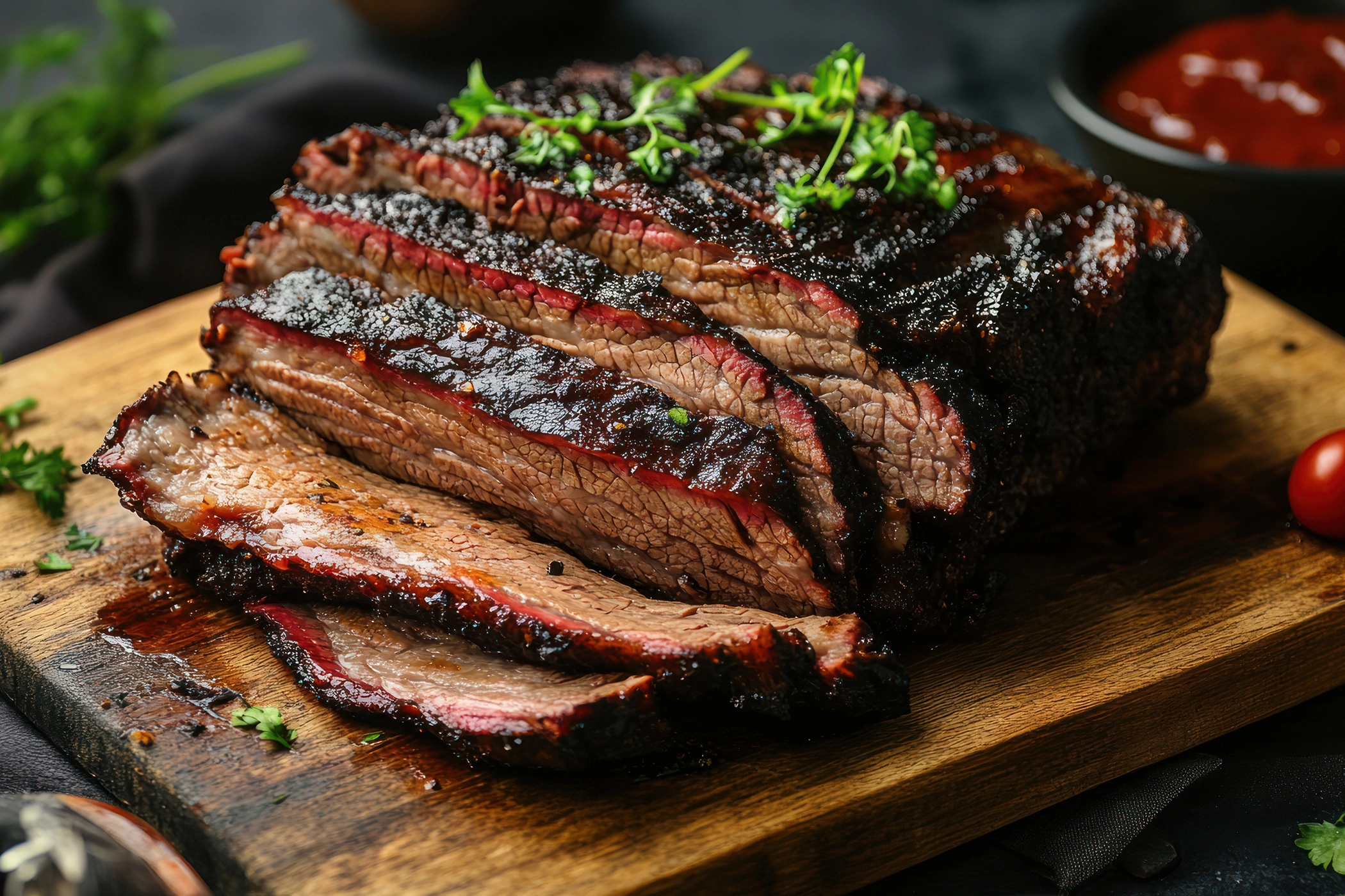 Cooked brisket sliced on a board